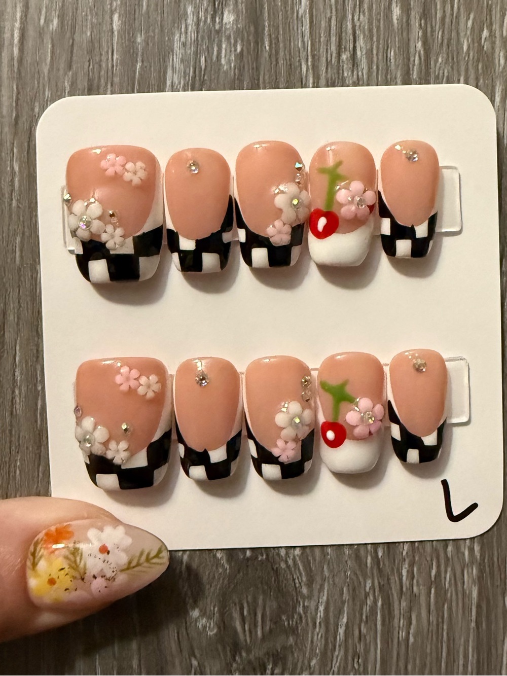 Handmade Pink Cherry Blossom Press-On Nails with Checker Accents